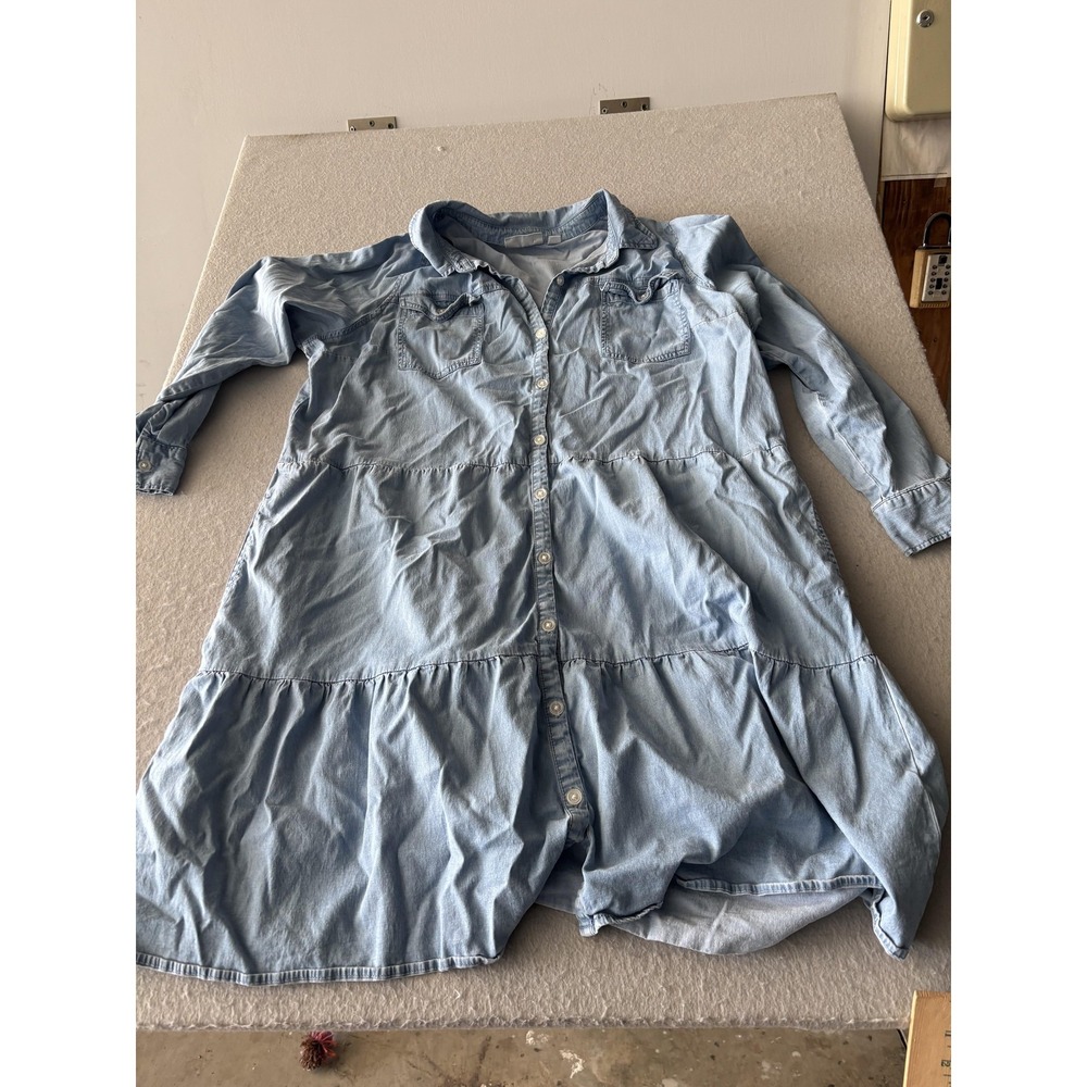 Belle BOHO Dress Womens XL Blue Denim Shirt Dress‎ Tiered Button Front Collared